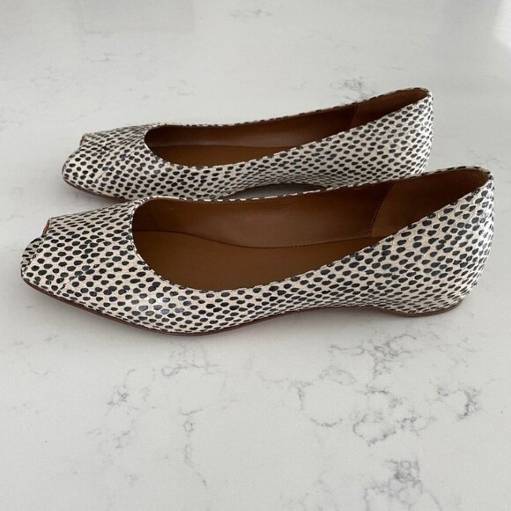 Aquatalia Peek A Boo Toe Slip On Snake Dot Print Leather Shoes BlkWht Sz 9
